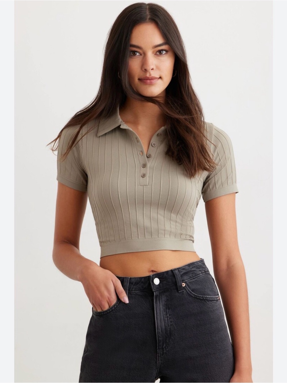 Dynamite Ribbed Polo Crop Top in Taupe Green
